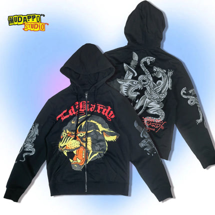 Retro American Rock Print Fleece Lined Hoodie Jacket for Women Punk Street Style Zipper Closure Long Sleeve Oversized Sweatshirt