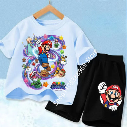 High Quality Kids 2Pcs Set Marios Cartoon Short Sleeve T-Shirt + Elastic Waist Shorts Comfortable Summer Children Clothing Suits