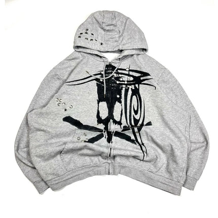 Retro Light Grey Zipper Hoodie for Men And Women Harajuku Style Gothic Chicken Eye Pattern Printed Casual Streetwear Sportswear