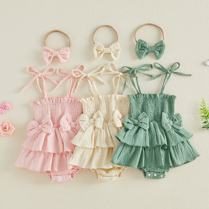 0-18M Newborn Baby Girl Summer Romper Dress Tie-up Sleeveless RBodysuit with Bowknot Hairband 2pcs Sets Casual Clothes