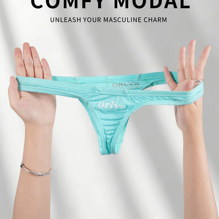 Men's Modal Thong Multi Colors Pack, ORLVS Logo Low Rise Bare Feel Underwear, High Elastic 3D Convex Pouch T-Back Briefs