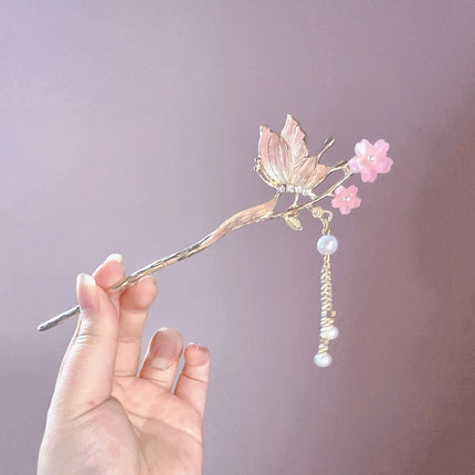 Pink Flower Butterfly Hair Pin Pearls Hair Sticks Forks Gold Color Alloy Headpiece Women Girls Hanfu Dress Chinese Hair Jewelry