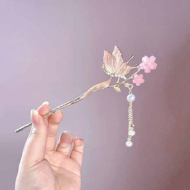 Pink Flower Butterfly Hair Pin Pearls Hair Sticks Forks Gold Color Alloy Headpiece Women Girls Hanfu Dress Chinese Hair Jewelry