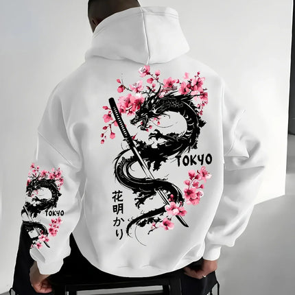 Trendy men's anime dragon and cherry blossom print hooded sweatshirt for casual street comfort, inspired design hoodie