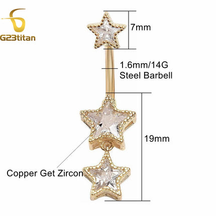 G23titan Zircon Stars Dangle Belly Button Ring 14G 8-16mm Titanium Bar Hypoallergenic Navel Piercings Women Sexy Jewelry Ombligo