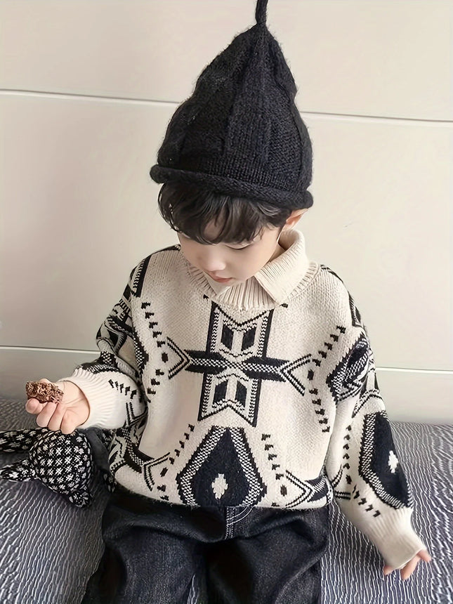 Boys' Sweater, Stylish Winter Clothing, New Style for Young Children, Lapel Collar, Thickened Autumn and Winter Knit Top, Korean Style
