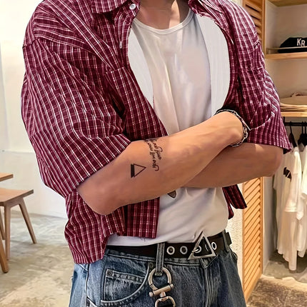 Men's Short-Sleeved Button-Up Shirt, Retro Red Checkered Striped Casual Shirt, Suitable for Summer Streetwear Tops