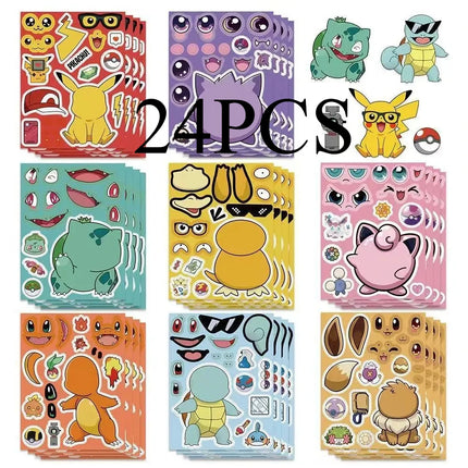 8/24PCS  Anime Pokemon Cartoon Puzzle Stickers Pikachu Children Make A Face DIY Toys Funny Assemble Jigsaw Kids Boys Girls Party