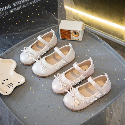 Girls Walking Shoes Sweet Lace Simple Bows 2025 New Kids Princess Shoes Round Toes Kids Leather Shoes Non-slip Soft Sole Flats