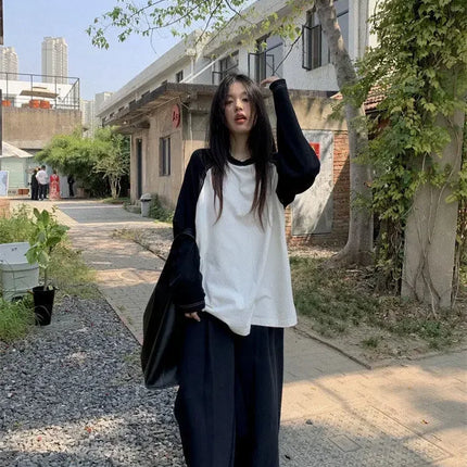 Casual Oversized T-Shirt Y2K Tops Harajuku Long Sleeve O-Neck T-Shirts Spring Autumn Black White Patchwork Tees Women Streetwear