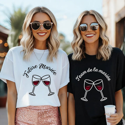 French Themed Bridal Party T Shirts Women Future Mariée Team De La Mariée Tee Short Sleeve Wine Glass Tops for EVJF Bachelorette