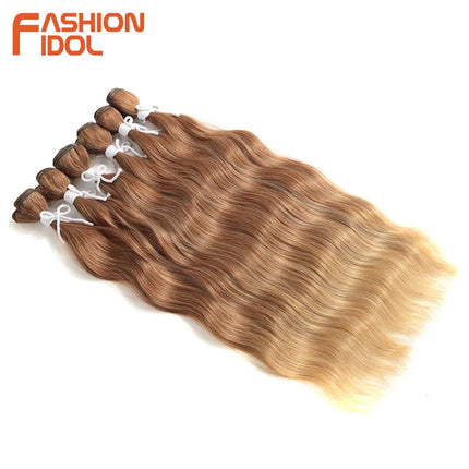 FASHION IDOL Water Wave Hair Bundles Synthetic Hair Extensions Ombre Blonde Brown Cosplay Weave Hair Bundles 20 inch 6Pcs Hair