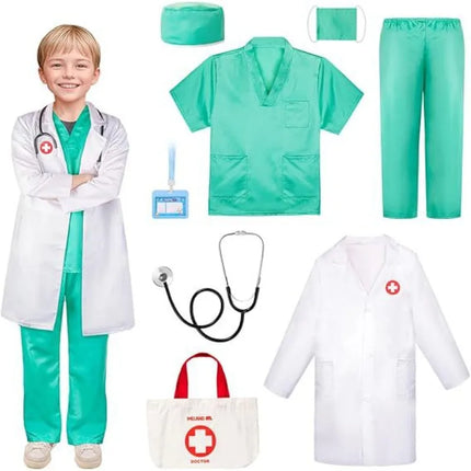 Children Doctor Nurse Cosplay Professional Role-playing Costumes Surgical Gown White Coat with Top Accessories for Boys Girls