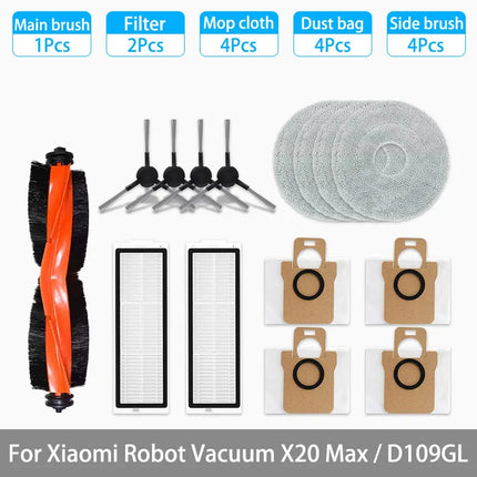 For Xiaomi Robot Vacuum X20 Max / D109GL Parts Accessories Main Brush Side Brush Hepa Filter Mop Cloth Dust Bag Replacement
