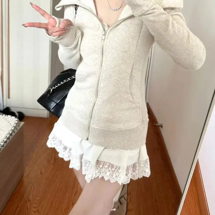 Harajuku Vintage Zipper Hooded Cardigan Korea Fashion Solid Sports Sweatshirt Women New Autumn Winter Casual Warm Clothes 2025