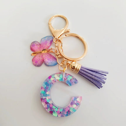 Fashion Butterfly Fringe Initial Keychain Drop Glue Blend Sequin A-Z26 Letter Keychain Cute Ladies Student Bag Accessory Gift