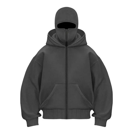 Balaclava Men Zip Hoodie Winter Warm Casual Sweatshirt Y2K with Hooded Face Mask Zipper Design Sports Jacket Outdoor Activities