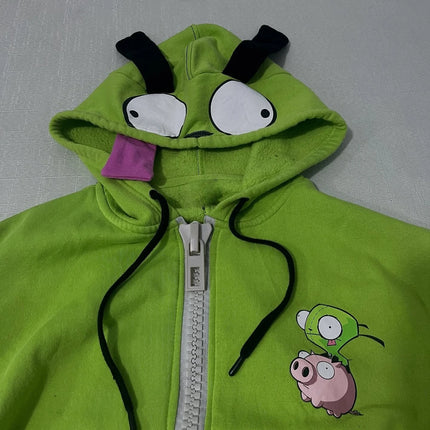 New Fashionable Cute Cartoon Pattern Zip Up Hoodie for Men Women Harajuku Green Patchwork Sweatshirt Y2K Hip Hop Casual Hoodie