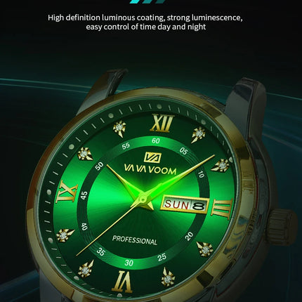VA VA VOOM Luxury Watch Men Gold Blue Rhinestone Stainless Steel Business Style Original Quartz Movement Week Couple Men Watches