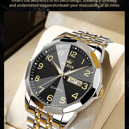 OLEVS Original Luxury Brand Watch for Men Waterproof Silver Stainless Steel Classic Casual Quartz Wristwatch Date Week Man Gift