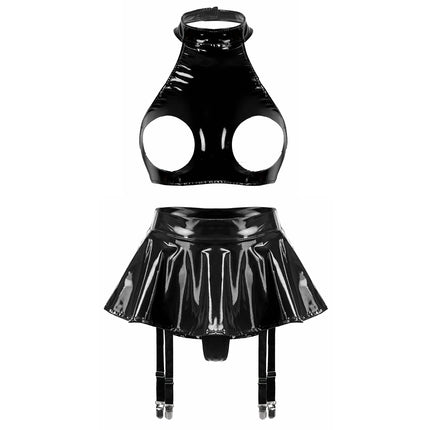 Womens Wet Look PU Leather Lingerie Set Push-up Underwire Cutout Short Sleeve Crop Top with Built-in Thongs Miniskirt Clubwear