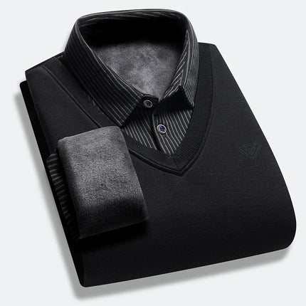 Autumn and Winter New Collection with Fleece Fake Two Piece Long Sleeved Polo Shirt for Men Fashionable and Casual Versatile Top