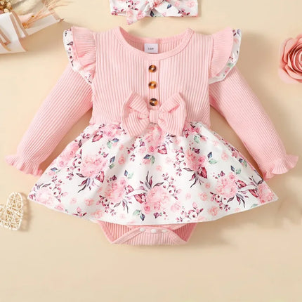 2PCS  Baby Girl Princess Romper Dress Long Sleeved Lovely Ribbed Floral Jumpsuit with Headband for Newborn Baby Girl 0-18 Months
