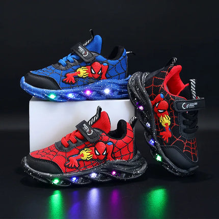 LED Casual Sneakers Red Black For Spring Boys Mesh Outdoor Spider-Man Shoes Children Lighted Non-slip Shoes Size 21-30