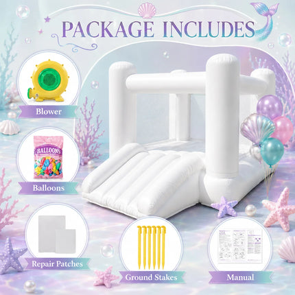 Large Family Size 12FT Inflatable White Bounce House Oxford Bouncy Castle with round Top And Wide Slide for Indoor Outdoor Parties Kids Adults Weddings Birthday Events