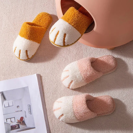 Evshine Winter Plush House Slippers For Women Cute Cat Paw Indoor Fur Shoes Soft Bottom Flat Cotton Slides Bedroom Plush Slipper