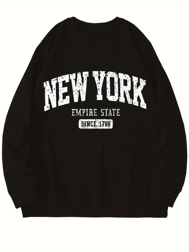 Women's Casual NEW YORK Print Pullover Sweatshirt Geometric Design Long Sleeve Round Neck Machine Washable Regular Fit for Autum