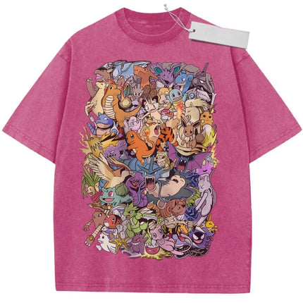 Vintage Washed Tshirt Pokemon Anime Characters Oversized Print Streetwear Fashion Casual Daily Wear Party Campus