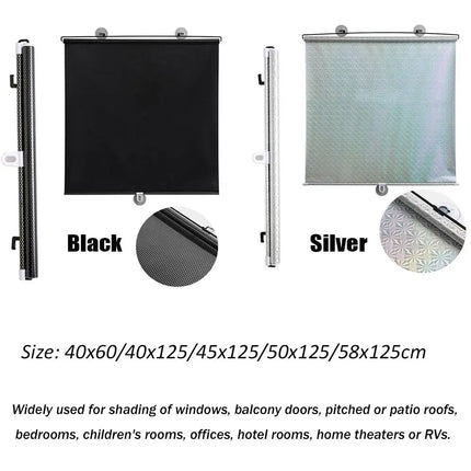1pc Nail-free Suction Cup Roller Blinds Retractable UV Proof Blackout Curtains Black/Silver Sun-shading Roller Blinds For Car