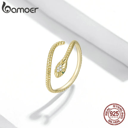 BAMOER 925 Sterling Silver Retro Textures Snake Adjustable Ring, 18K Gold Green Zircon Animal Ring Stackable Jewelry 4 Colors