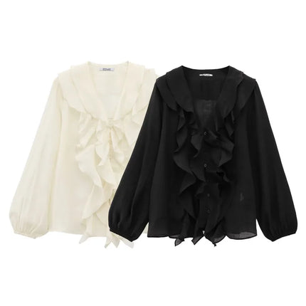 ETJ 2025  Women's Spring collection Beautiful Layered blouse Stylish sexy translucent ruffled V-neck long-sleeved shirt