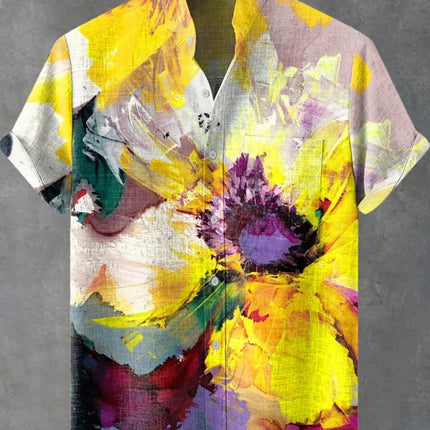 Men's Short Sleeve Shirt Hawaiian Plant Print Flap-Collar Beachfront Button Shirt Casual Top Fashion Shirt