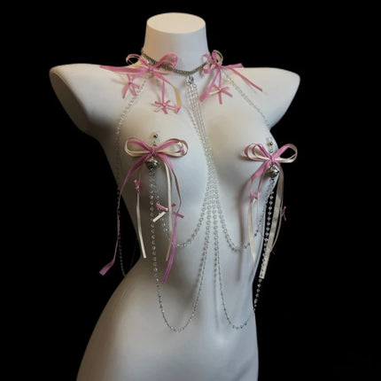 New Pink Tassel Bow Nipple Clips Bell Body Chains Erotic Accessories Detachable One-Piece Necklace Fetish Adult Sex Toys Breast