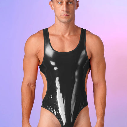 Mens Wet Look Patent Leather Bodysuit One-Piece Swimsuit Pool Party Swimwear Open Back U Neck Sleeveless Jumpsuit Leotard