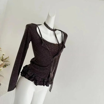 Korean Fashion Elegant Patchwork Lace Tops Slim Casual Long Sleeve Blouse 2000s American Vintage Sweet Pullover Chic