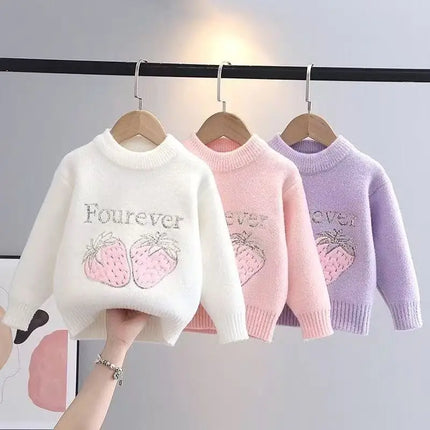 Fall Winter Cute strawberry Sweater Solid Color Girl Pullover Korean Style Round Neck Princess Letter Sweaters for Girls IY07272