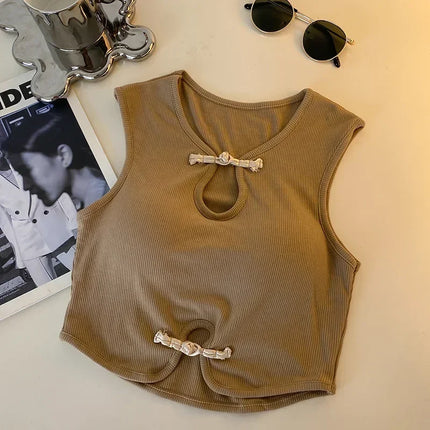 Vintage Hault Tanks Camis For Women Sleeveless Almighty Casual Button Femme Croset Crop Tops With Built in Bras Woman Camisoles