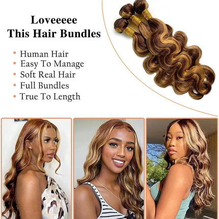 P4/27 Highlight Human Hair Bundles Body Wave Bundles Human Hair 18 20 22Inch Human Hair Body Wave Bundles Ombre Brown Bundles
