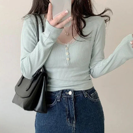 Women's T-Shirts Long Sleeve Slim Lace Button Kawaii T-shirts Female Y2k Tops Casual Tees Pullovers 2024 Spring New Woman Clothing