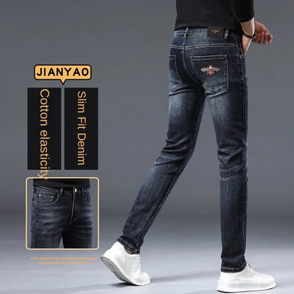 Autumn and Winter Thick Jeans for Men 2024 New Embroidered Fashion Elastic Slim Fit High-End Men's Clothing Denim Trousers