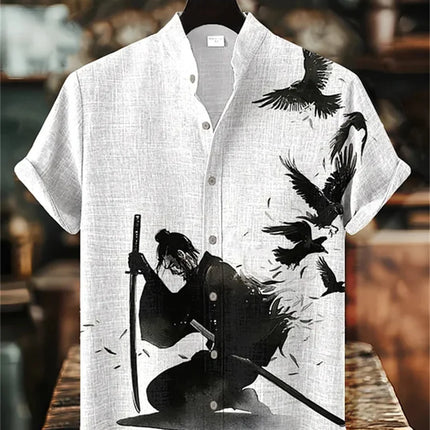Men's short-sleeved shirt with samurai print and stylish ink painting design, summer casual men's top, trendy retro streetwear.