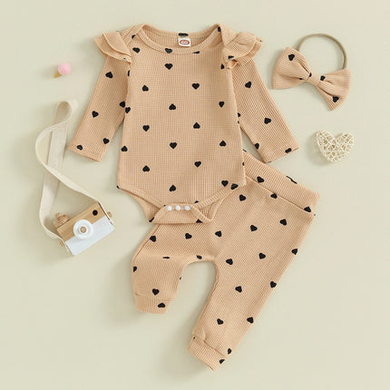 Pudcoco Infant Newborn Baby Girls 3Pcs Fall Outfits Long Sleeve Heart Print Romper + Pants + Headband Set Clothes 0-18M