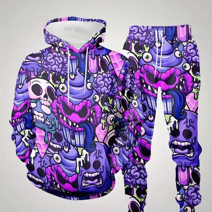 The new men's hoodie set for Spring and Autumn 2025 features a casual fashionable and comfortable 3D graffiti pattern print