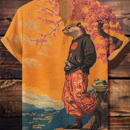 New Healing Style Linen Short Sleeved Shirt for Men, Retro Black Cat, Goldfish 3D Printed Casual Top Clothing
