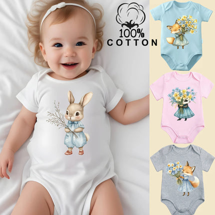 Retro Hello Spring Little Animals Pure Cotton Bodysuit Onesie Comfortable Cloths for Baby Jumpsuit for 0 To 12 Months Newborn