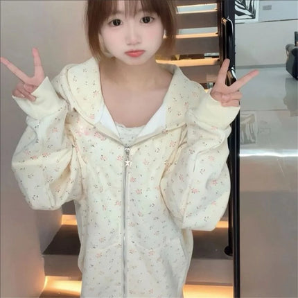 2025 New Sweet Floral Prints Zipper Hooded Hoodie Spring And Autumn Dressing Up Collection Casual Fashion Trends Versatile